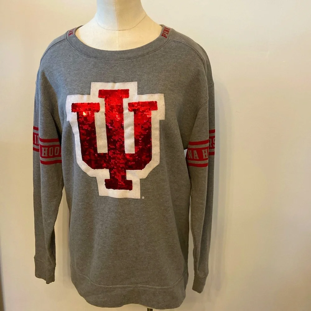 Victoria Secret PINK XS Gray Maroon IU Indiana Hoosiers L/S Bling Sequin Shirt
